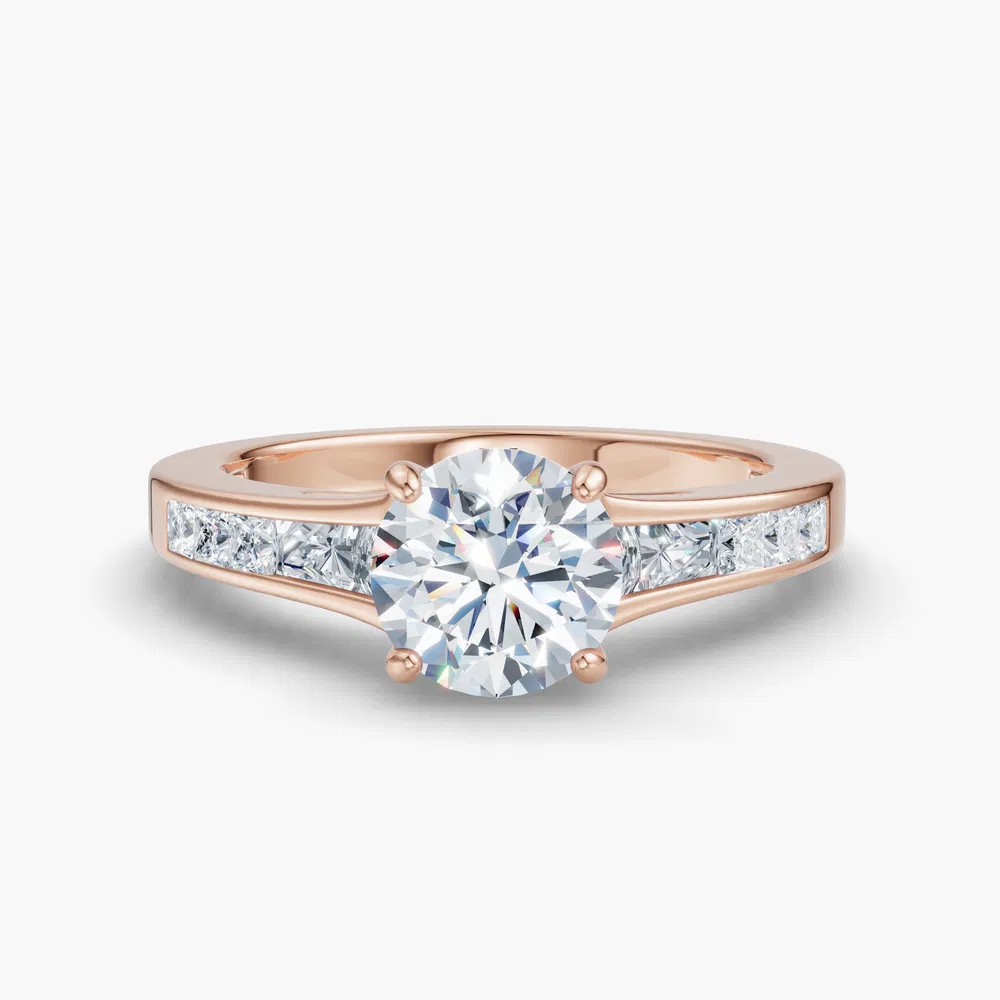 Gwynv 1 carat Lab Grown Diamond Round Cut Side Stone, Baguette, Channel Set Engagement Ring in 14K Rose Gold