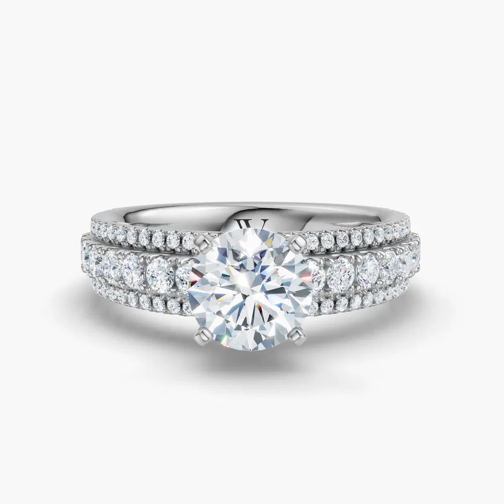 Riven 1 carat Lab Grown Diamond Round Cut Pavé Engagement Ring in 18K White Gold