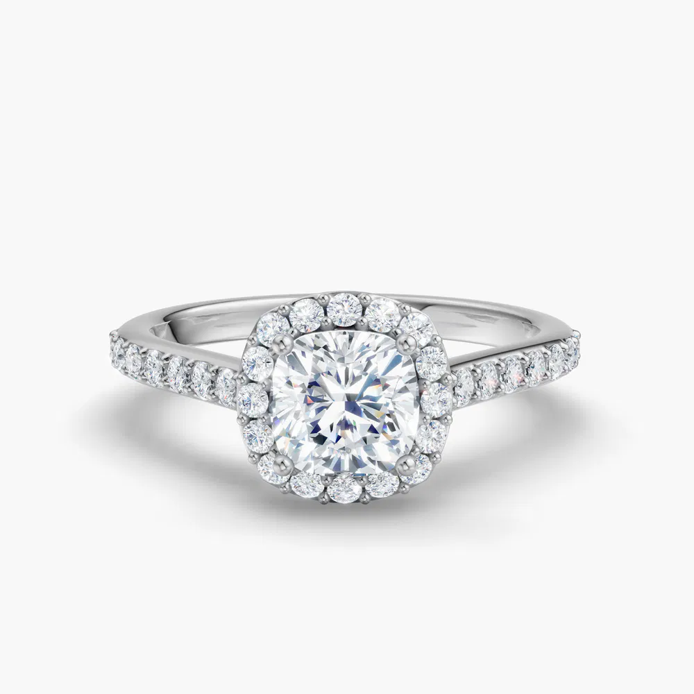 Certified 1 carat Lab Grown Diamond Cushion Cut Pavé, Halo, Cathedral Engagement Ring in 14K White Gold-Kvolt