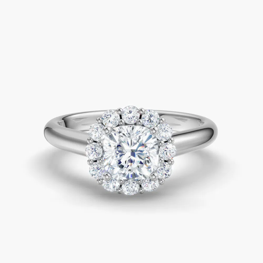 Certified 1 carat Lab Grown Diamond Cushion Cut Cathedral, Halo, Floral Engagement Ring in 14K White Gold-Arwen