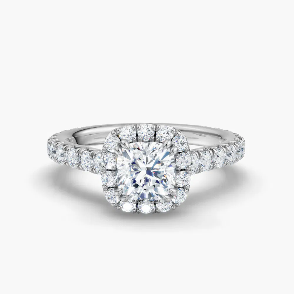 Certified 1 carat Lab Grown Diamond Cushion Cut Cathedral, Pavé, Halo Engagement Ring in 14K White Gold-Zaria