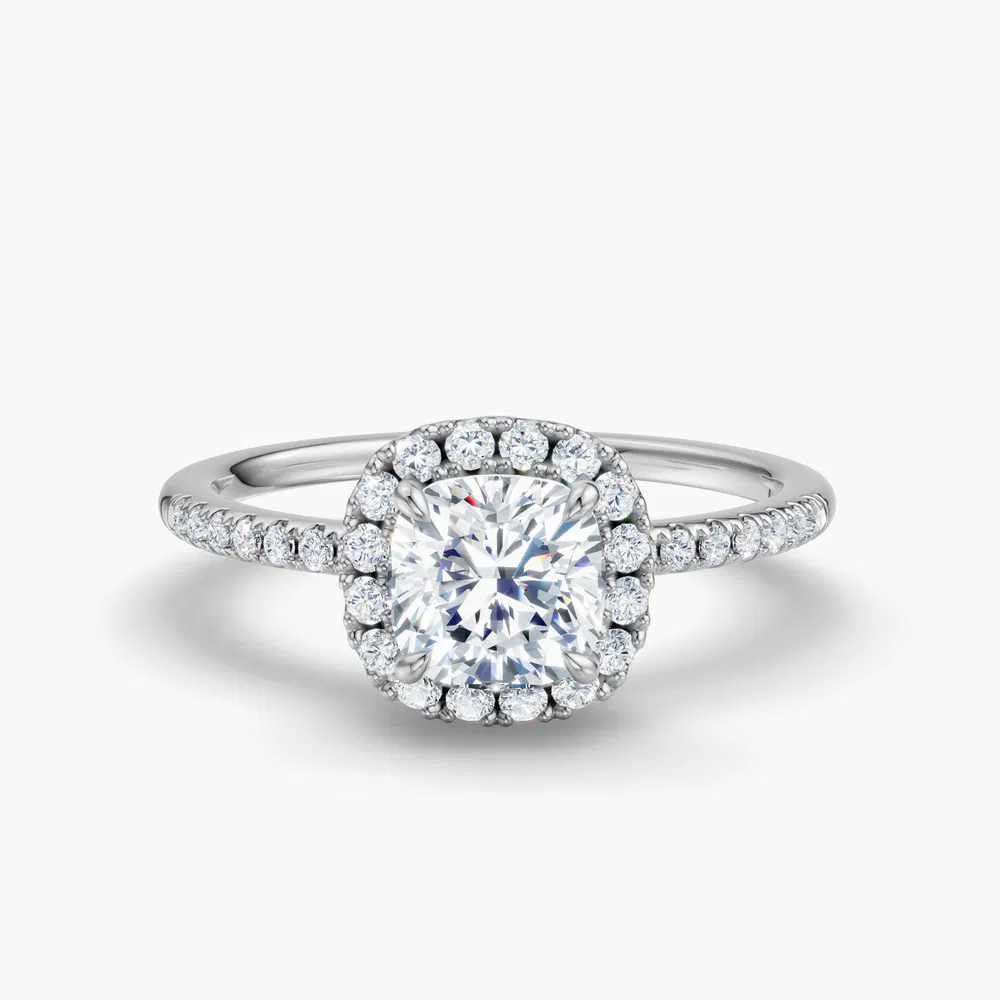 Certified 1 carat Lab Grown Diamond Cushion Cut Halo, Pavé, Classic Engagement Ring in 14K White Gold-Elite Vaelumette