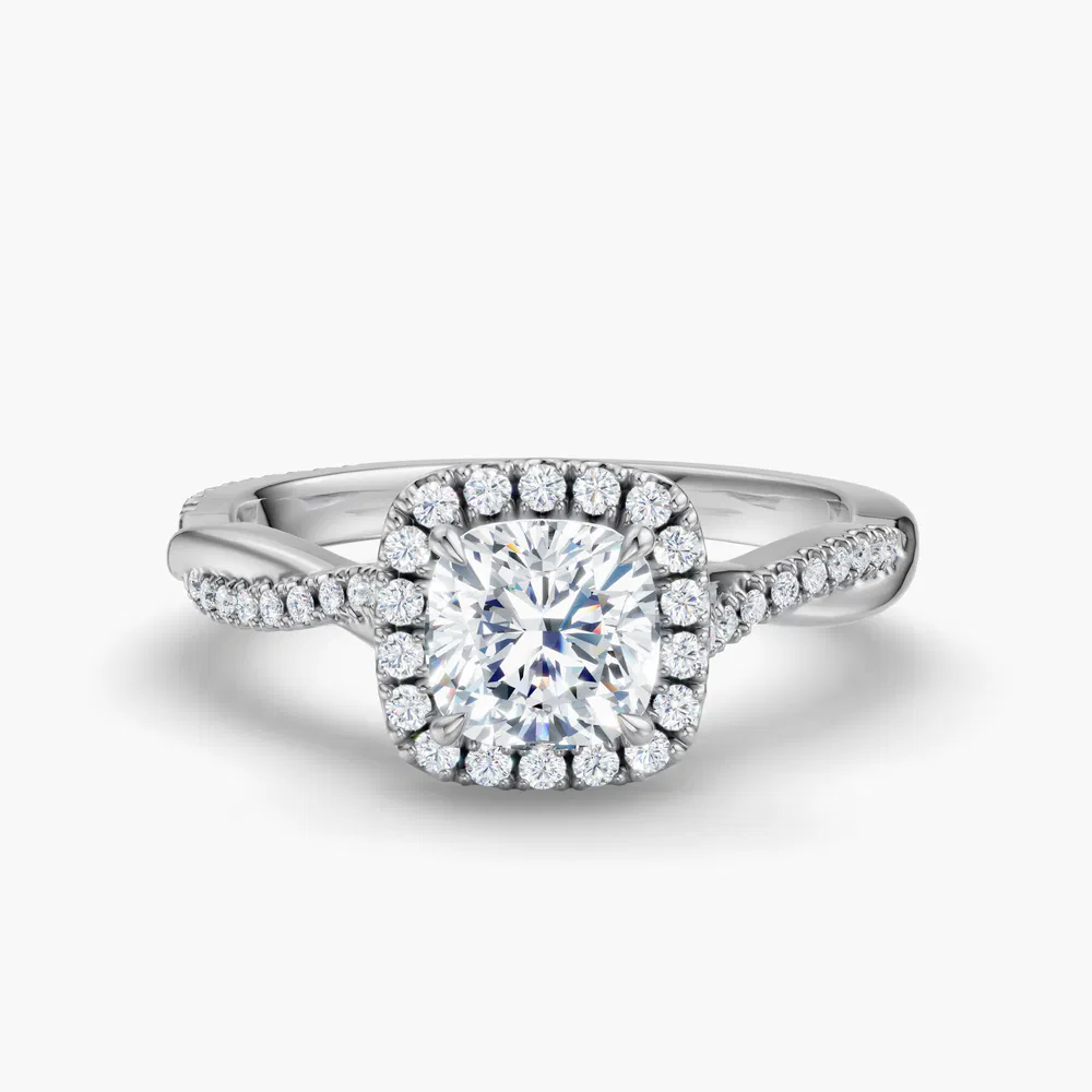 Certified 1 carat Lab Grown Diamond Cushion Cut Twist, Cathedral, Pavé Engagement Ring in 14K White Gold-Itic