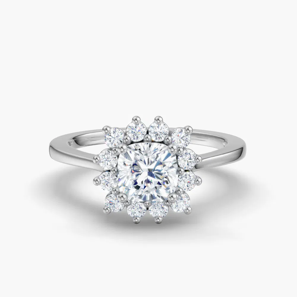 Certified 1 carat Lab Grown Diamond Cushion Cut Cathedral, Halo, Floral Engagement Ring in 14K White Gold-Juncb