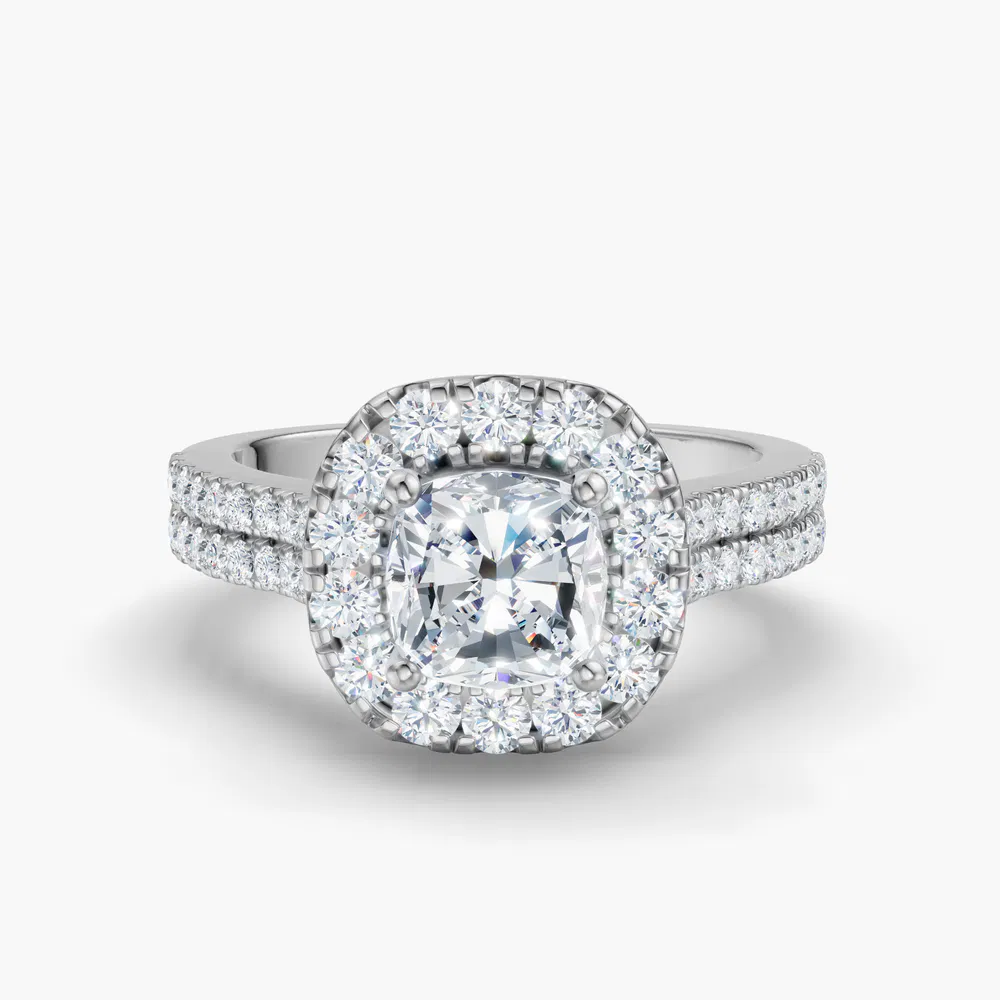 Certified 1 carat Lab Grown Diamond Cushion Cut Pavé, Halo, Cathedral Engagement Ring in 14K White Gold-Maelis