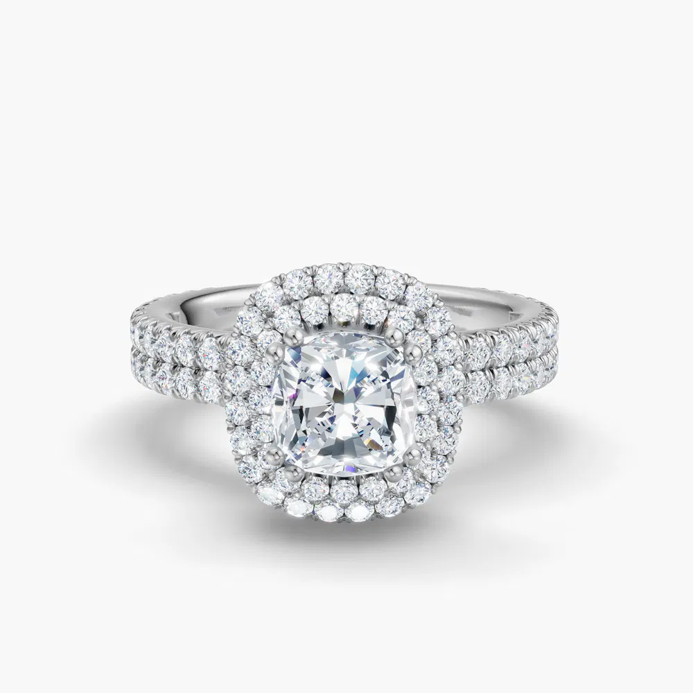 Certified 1 carat Lab Grown Diamond Cushion Cut Pavé, Halo, Hidden Halo Engagement Ring in 14K White Gold-Caela