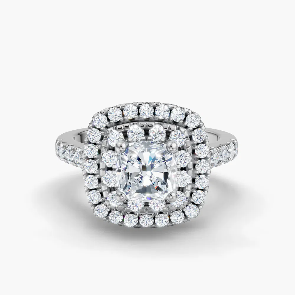 Certified 1 carat Lab Grown Diamond Cushion Cut Halo, Pavé, Double halo Engagement Ring in 14K White Gold-Brexa