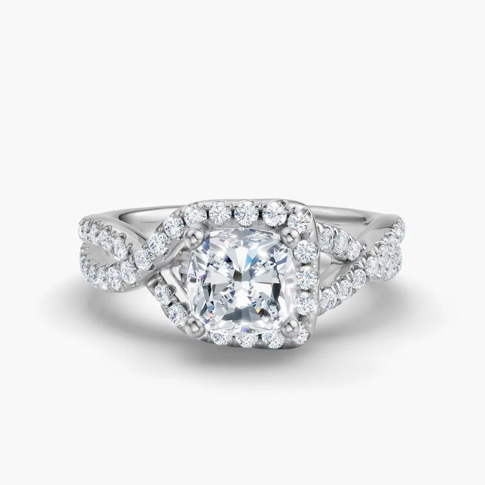 Certified 1 carat Lab Grown Diamond Cushion Cut Unique, Pavé, Halo Engagement Ring in 14K White Gold-Stellune
