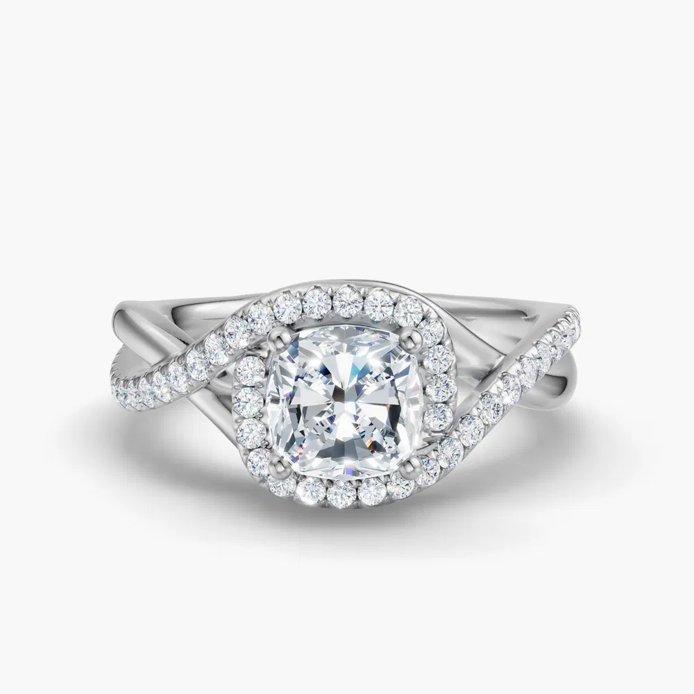 Certified 1 carat Lab Grown Diamond Cushion Cut Halo, Pavé, Twist Engagement Ring in 14K White Gold-Dell