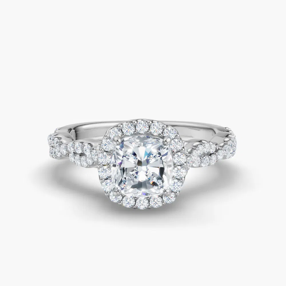 Certified 1 carat Lab Grown Diamond Cushion Cut Halo, Pavé, Twist Engagement Ring in 14K White Gold-Meraki