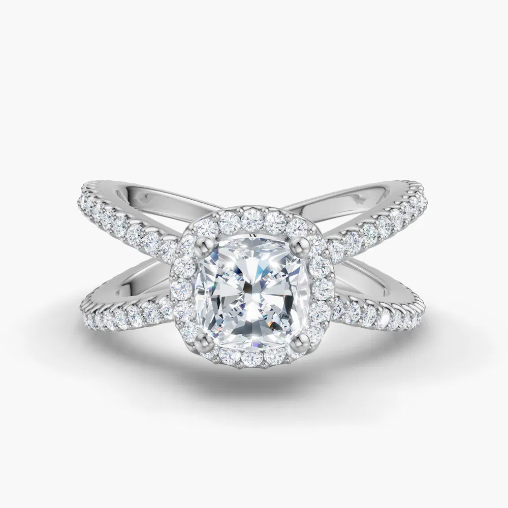Certified 1 carat Lab Grown Diamond Cushion Cut Pavé, Halo, Split Shank Engagement Ring in 14K White Gold-Xylius