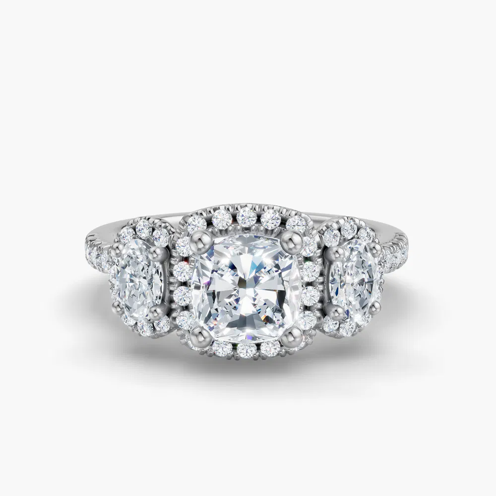 Certified 1 carat Lab Grown Diamond Cushion Cut Pavé, Three Stone, Halo Engagement Ring in 14K White Gold-Norell