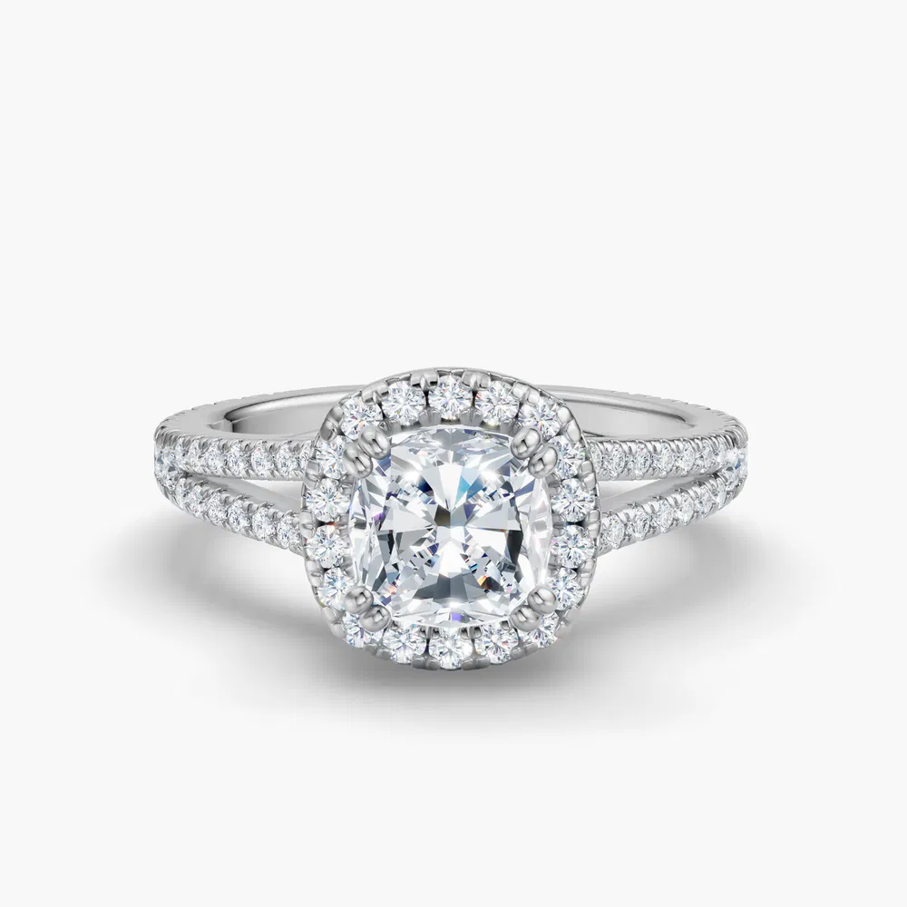Certified 1 carat Lab Grown Diamond Cushion Cut Pavé, Halo, Cathedral Engagement Ring in 14K White Gold-Gexis