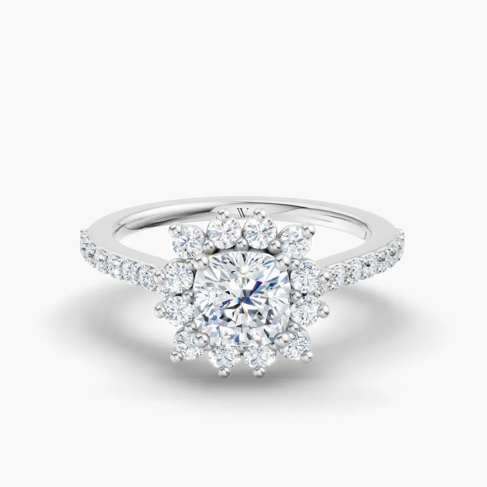 Certified 1 carat Lab Grown Diamond Cushion Cut Pavé, Halo, Floral Engagement Ring in 14K White Gold-Elite Juniper
