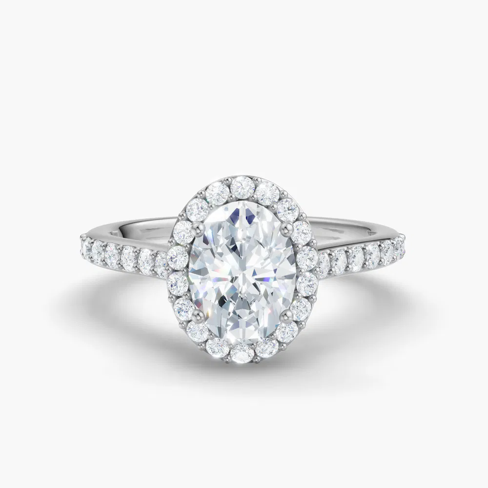 Certified 1 carat Lab Grown Diamond Oval Cut Pavé, Halo, Cathedral Engagement Ring in 14K White Gold-Kvolt
