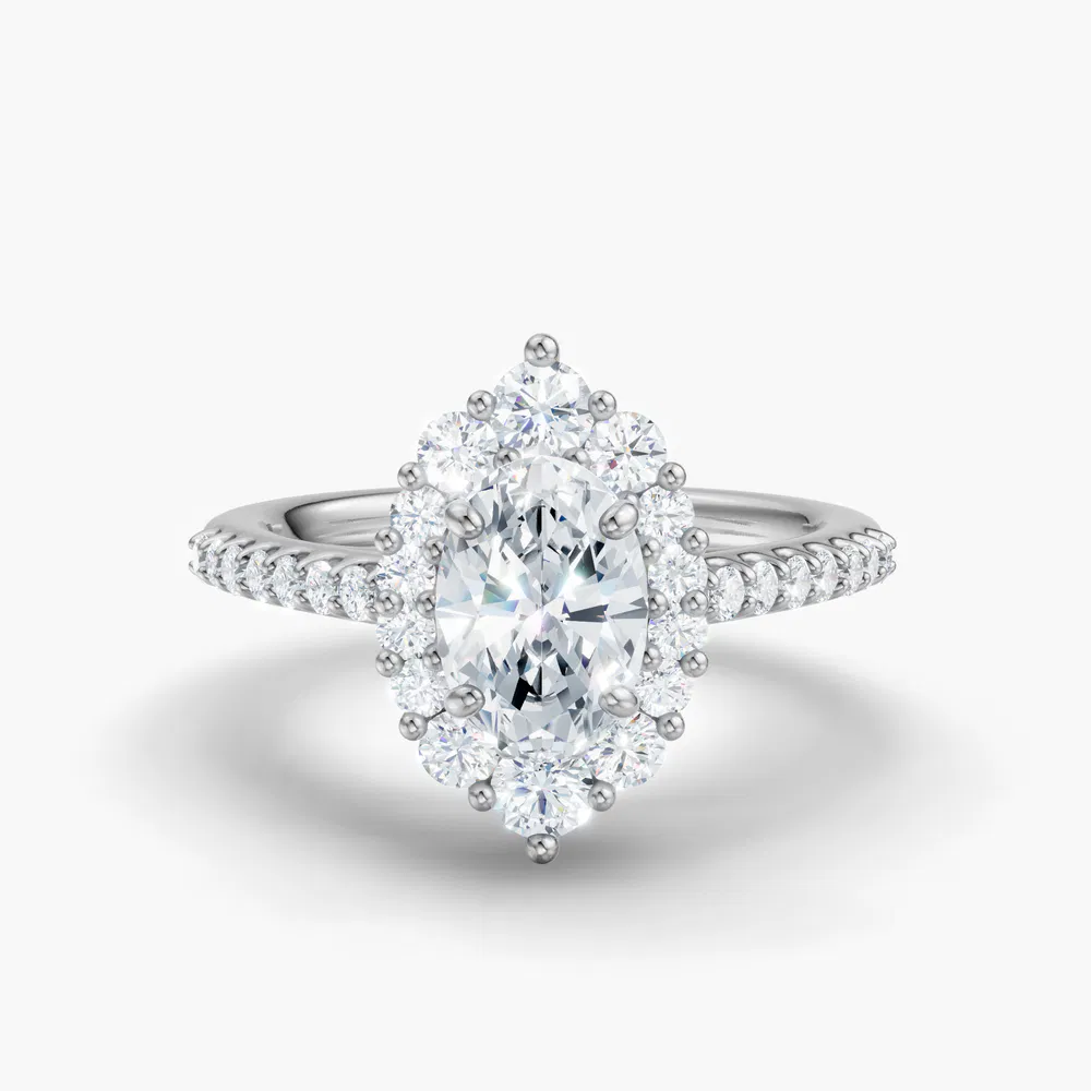 Certified 1 carat Lab Grown Diamond Oval Cut Pavé, Halo, Cathedral Engagement Ring in 14K White Gold-Mirey