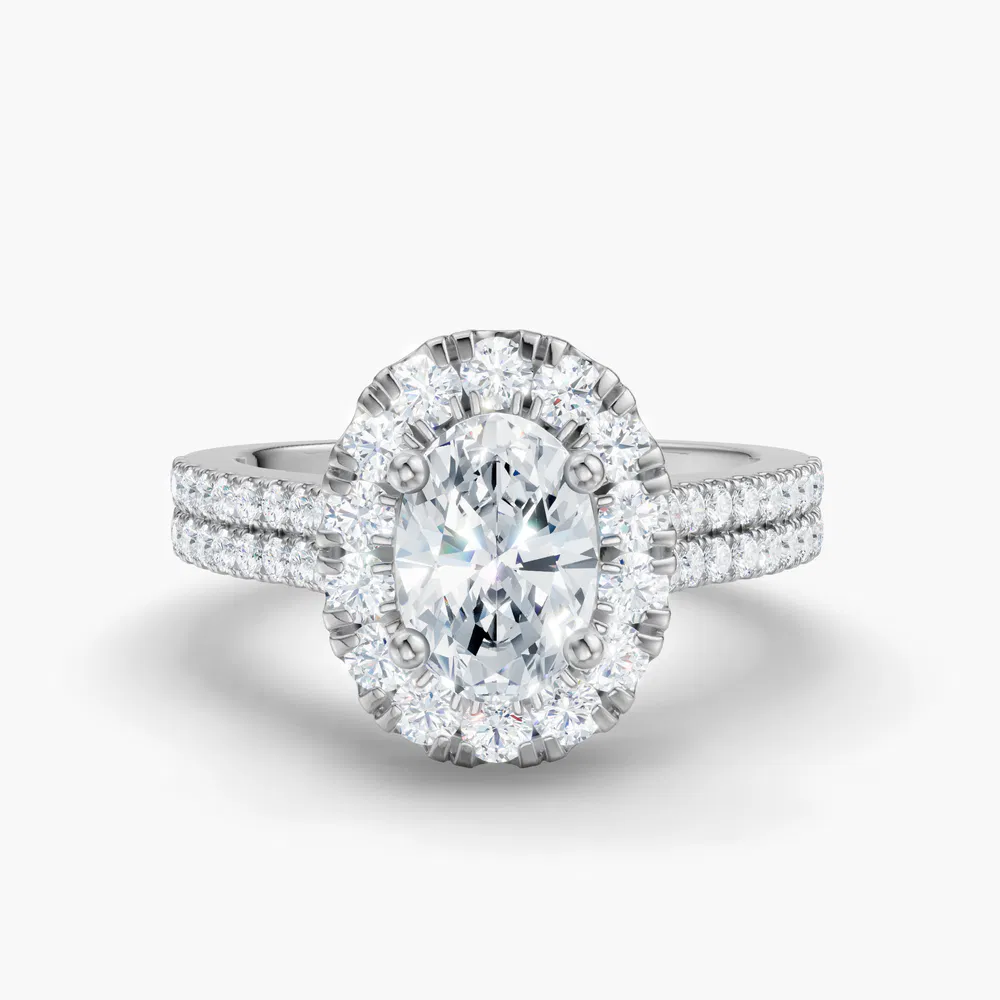 Certified 1 carat Lab Grown Diamond Oval Cut Pavé, Halo, Cathedral Engagement Ring in 14K White Gold-Maelis