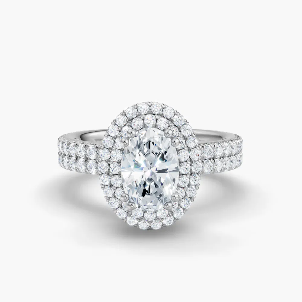 Certified 1 carat Lab Grown Diamond Oval Cut Pavé, Halo, Hidden Halo Engagement Ring in 14K White Gold-Caela