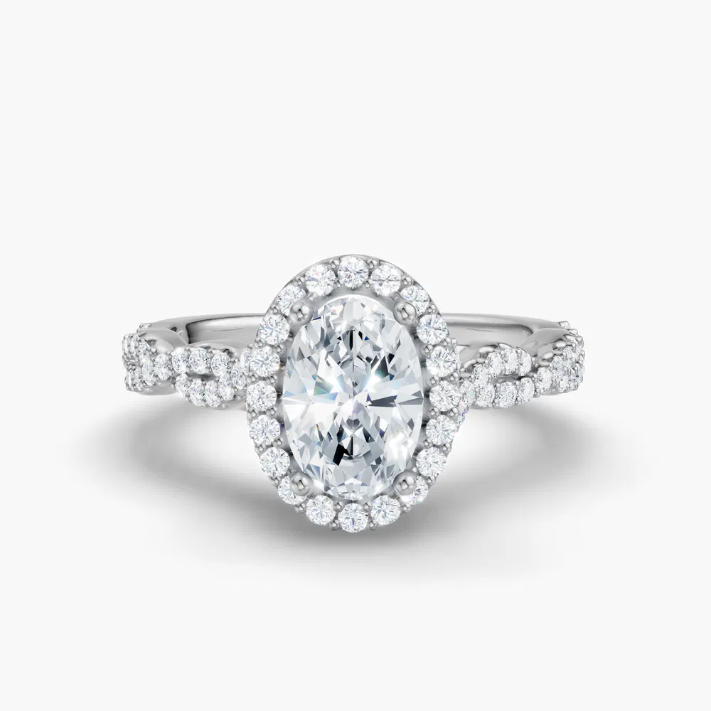 Certified 1 carat Lab Grown Diamond Oval Cut Halo, Pavé, Twist Engagement Ring in 14K White Gold-Meraki