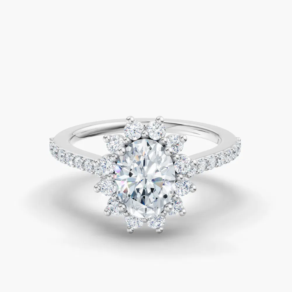 Certified 1 carat Lab Grown Diamond Oval Cut Pavé, Halo, Floral Engagement Ring in 14K White Gold-Elite Juniper