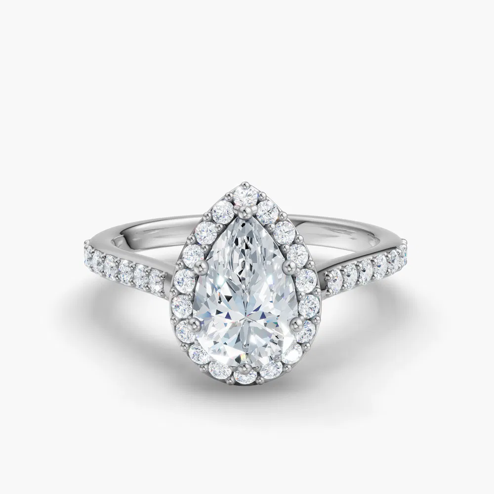 Certified 1 carat Lab Grown Diamond Pear Cut Pavé, Halo, Cathedral Engagement Ring in 14K White Gold-Kvolt