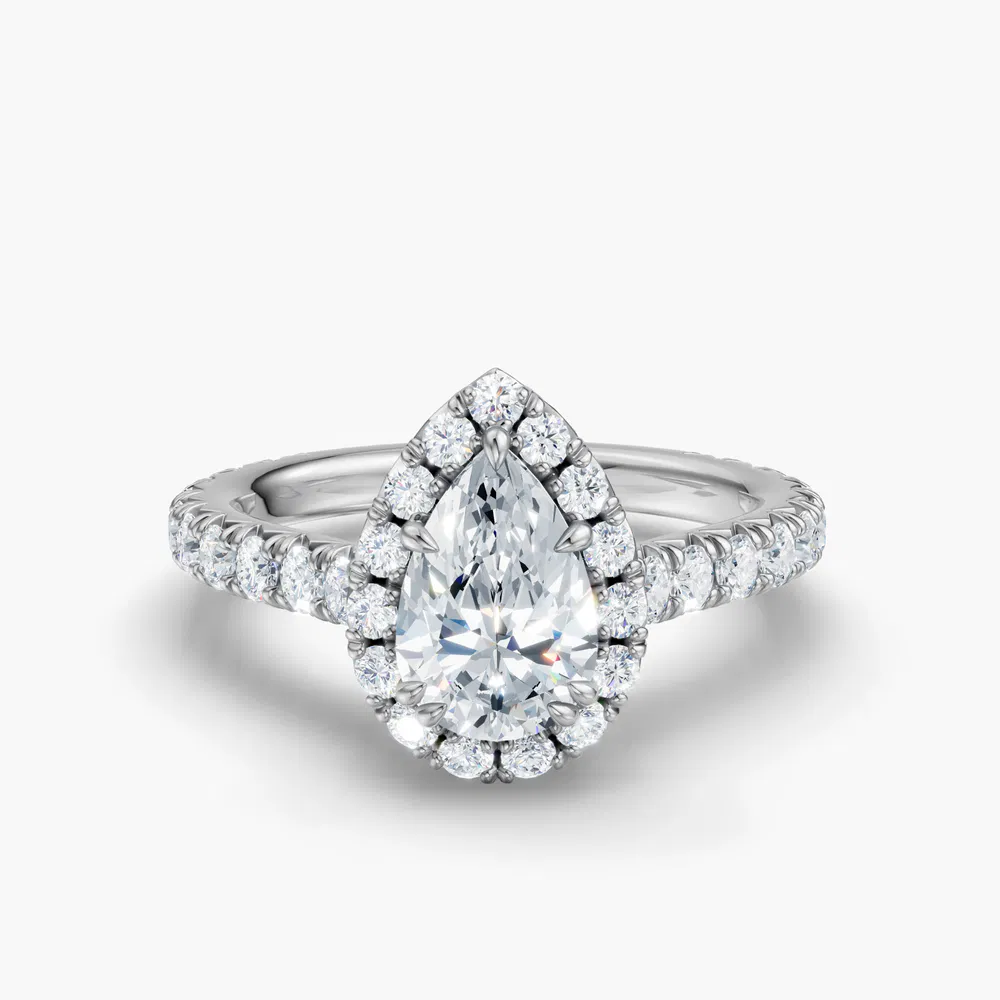 Certified 1 carat Lab Grown Diamond Pear Cut Cathedral, Pavé, Halo Engagement Ring in 14K White Gold-Zaria