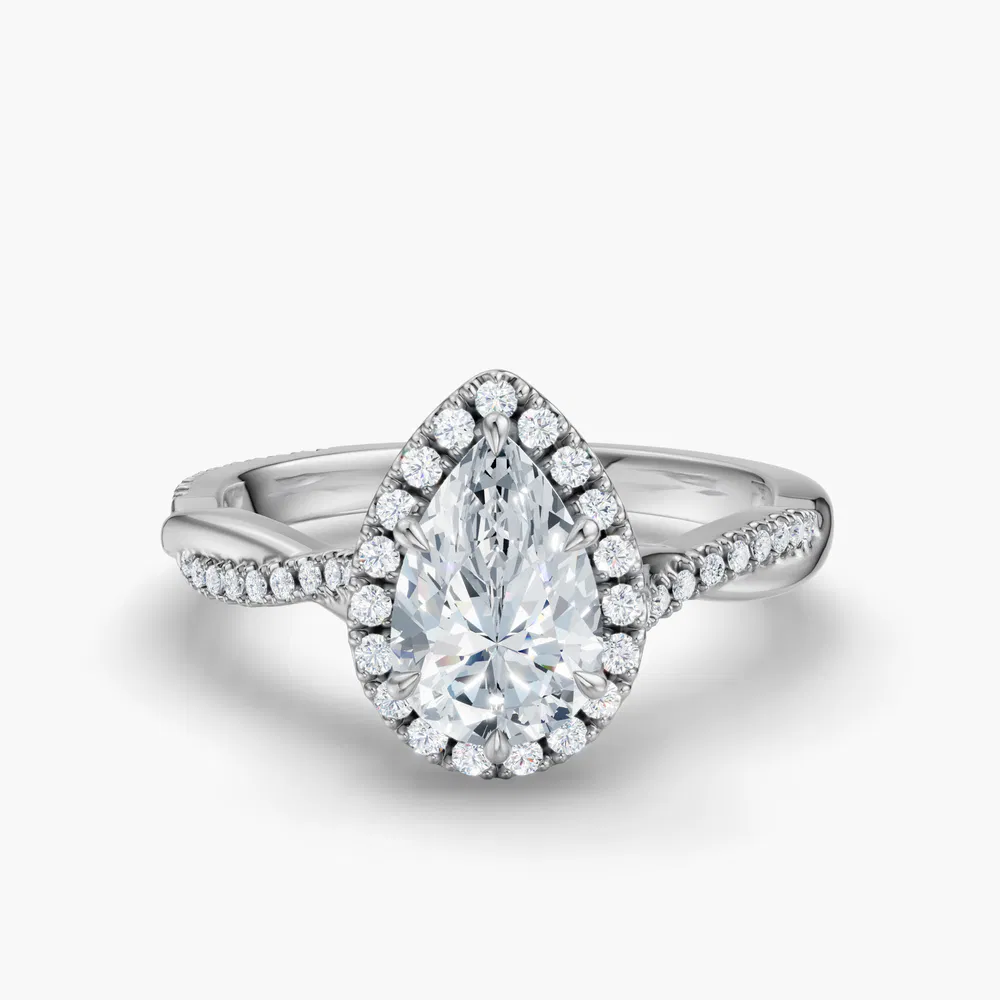 Certified 1 carat Lab Grown Diamond Pear Cut Twist, Cathedral, Pavé Engagement Ring in 14K White Gold-Itic