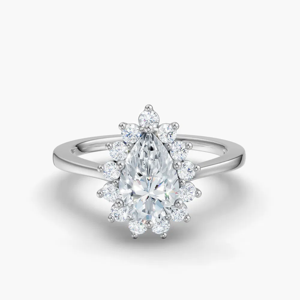 Certified 1 carat Lab Grown Diamond Pear Cut Cathedral, Halo, Floral Engagement Ring in 14K White Gold-Juncb