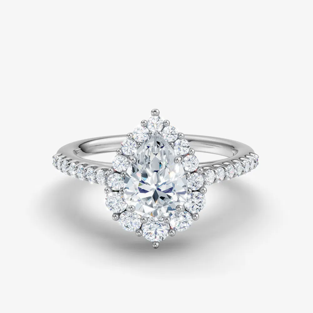 Certified 1 carat Lab Grown Diamond Pear Cut Pavé, Halo, Cathedral Engagement Ring in 14K White Gold-Mirey
