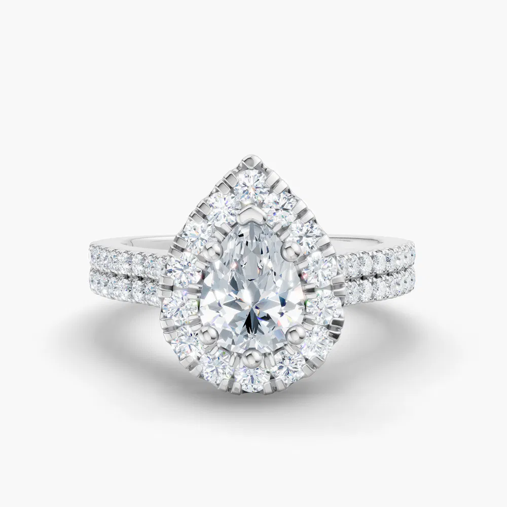 Certified 1 carat Lab Grown Diamond Pear Cut Pavé, Halo, Cathedral Engagement Ring in 14K White Gold-Maelis