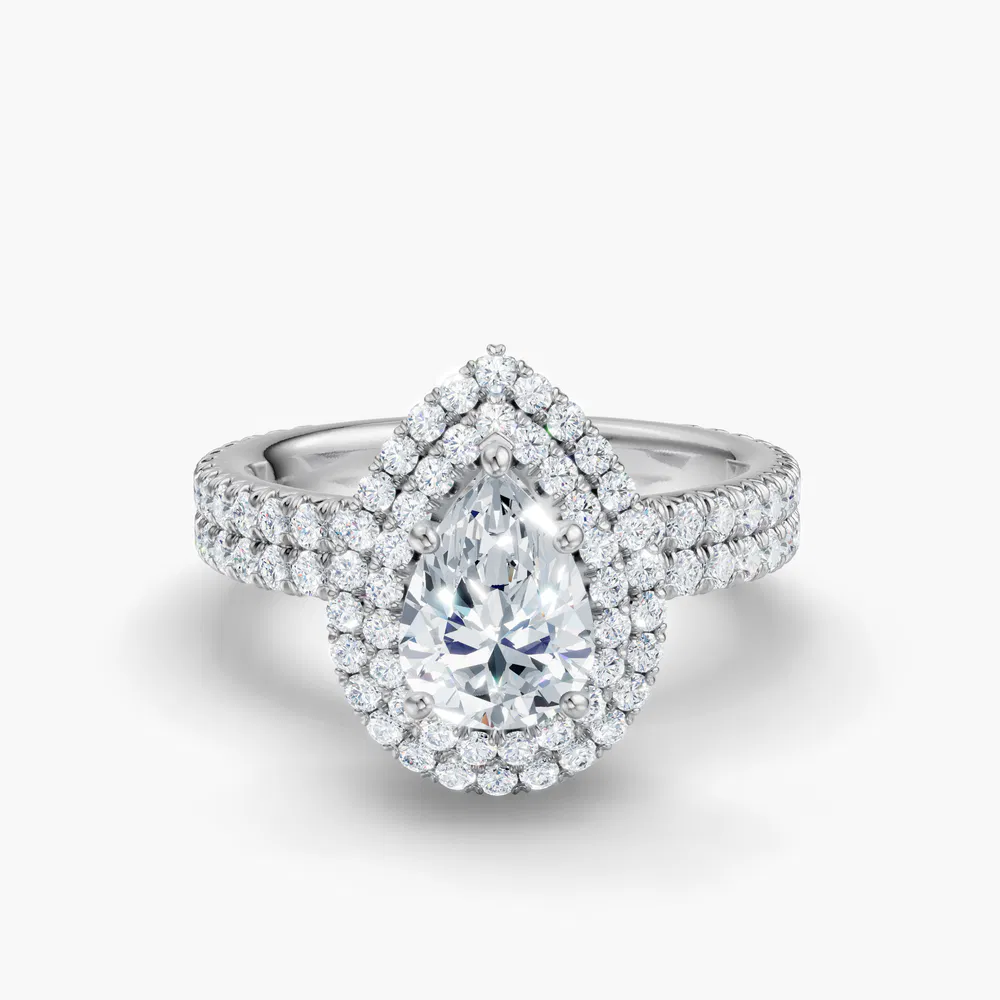 Certified 1 carat Lab Grown Diamond Pear Cut Pavé, Halo, Hidden Halo Engagement Ring in 14K White Gold-Caela