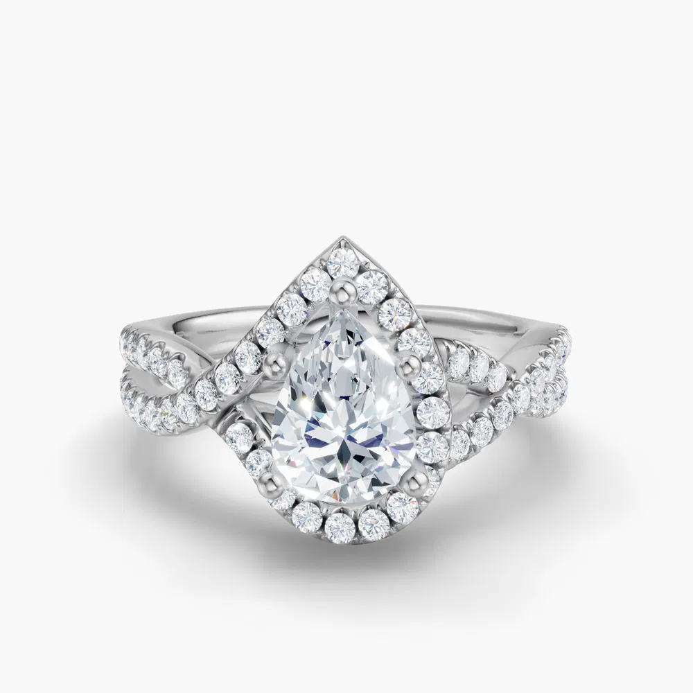 Certified 1 carat Lab Grown Diamond Pear Cut Unique, Pavé, Halo Engagement Ring in 14K White Gold-Stellune