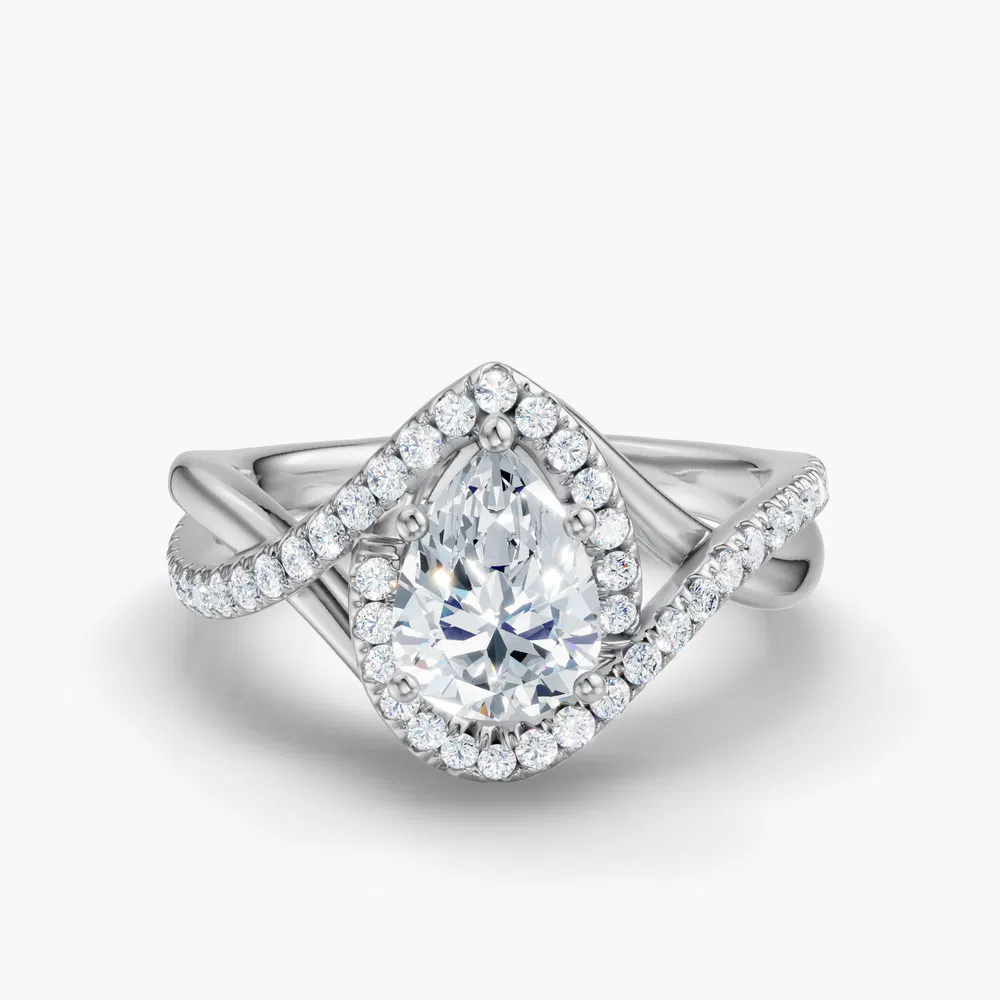 Certified 1 carat Lab Grown Diamond Pear Cut Halo, Pavé, Twist Engagement Ring in 14K White Gold-Dell