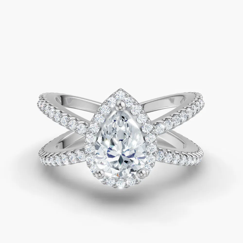 Certified 1 carat Lab Grown Diamond Pear Cut Pavé, Halo, Split Shank Engagement Ring in 14K White Gold-Xylius