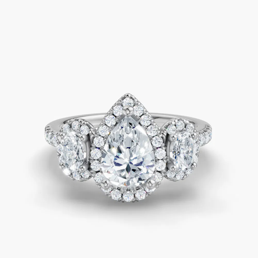 Certified 1 carat Lab Grown Diamond Pear Cut Pavé, Three Stone, Halo Engagement Ring in 14K White Gold-Norell