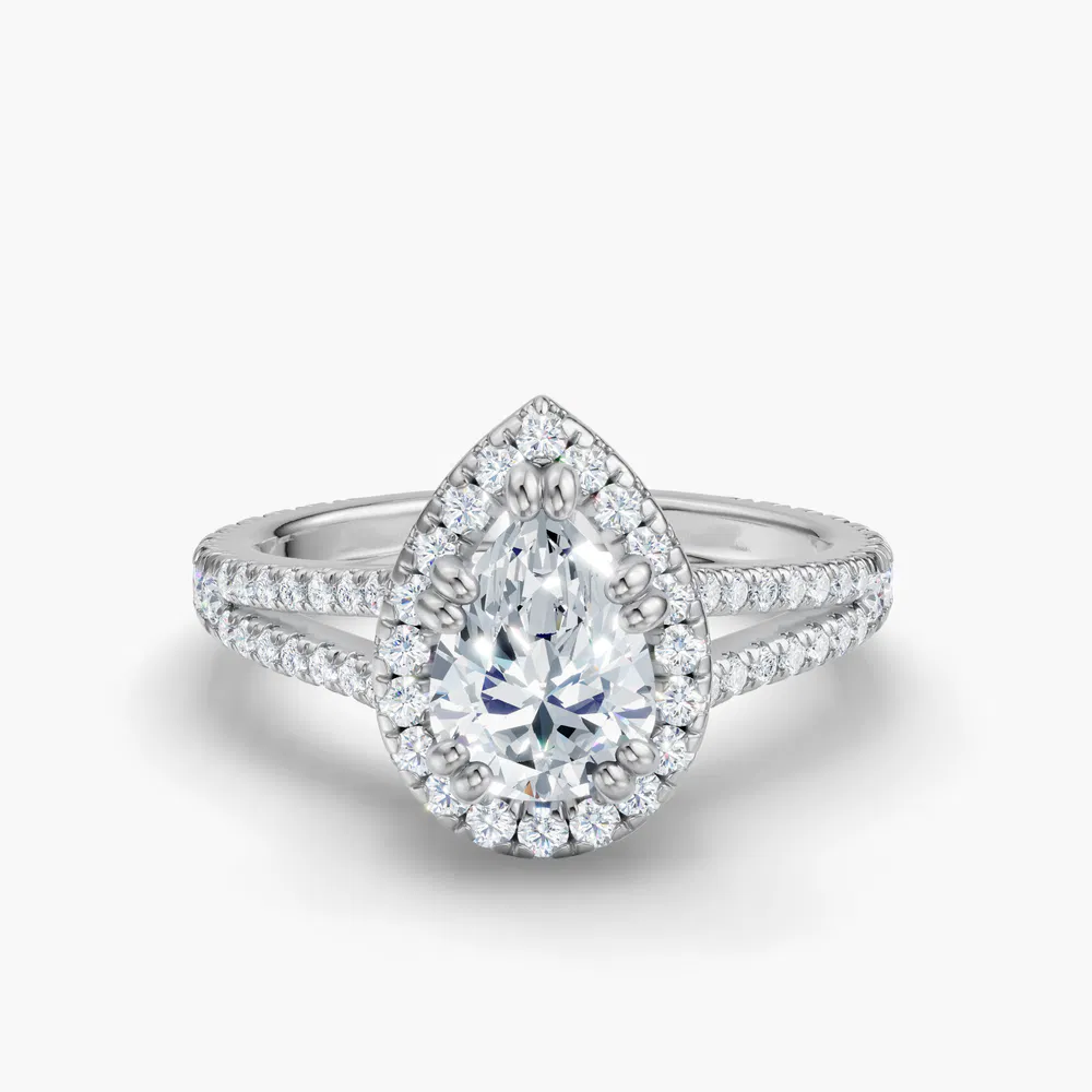 Certified 1 carat Lab Grown Diamond Pear Cut Pavé, Halo, Cathedral Engagement Ring in 14K White Gold-Gexis
