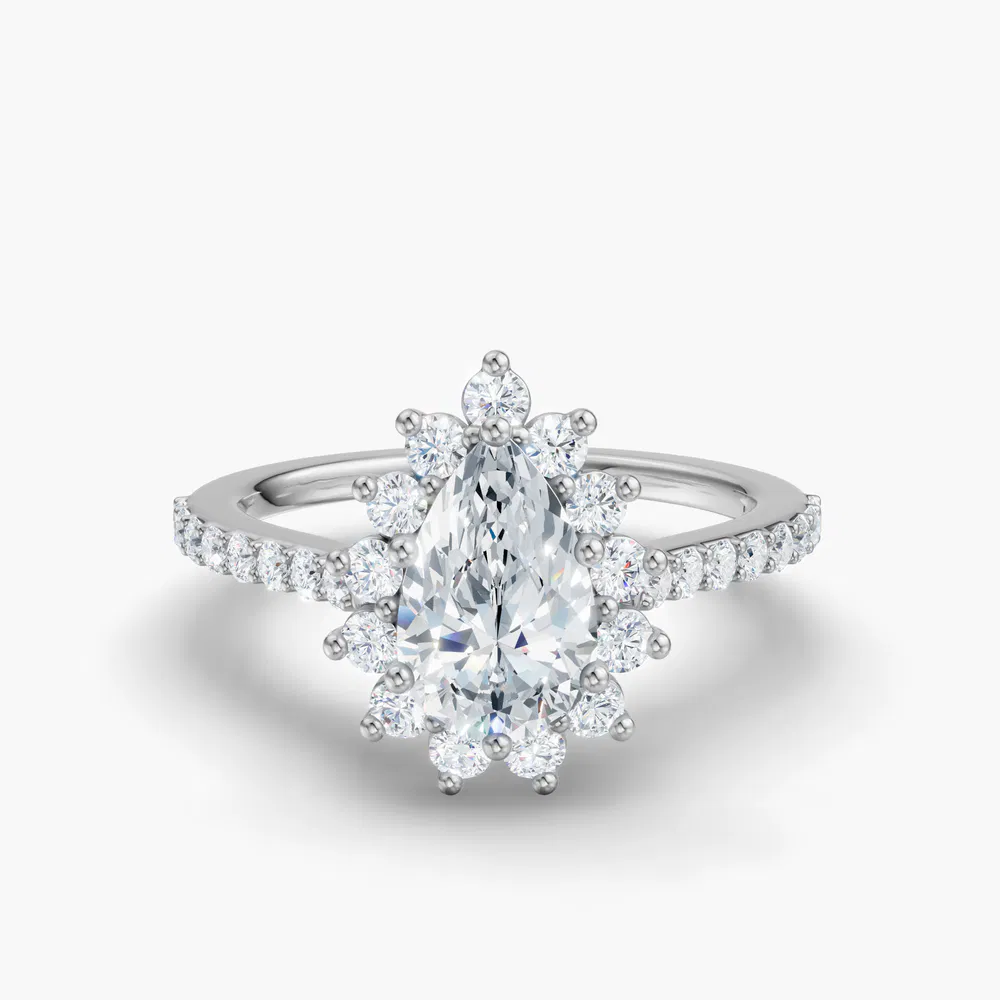Certified 1 carat Lab Grown Diamond Pear Cut Pavé, Halo, Floral Engagement Ring in 14K White Gold-Elite Juniper
