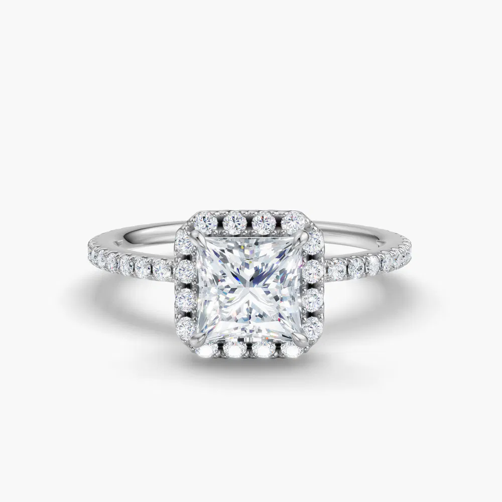 Certified 1 carat Lab Grown Diamond Princess Cut Pavé, Halo, Hidden Halo Engagement Ring in 14K White Gold-Jynl