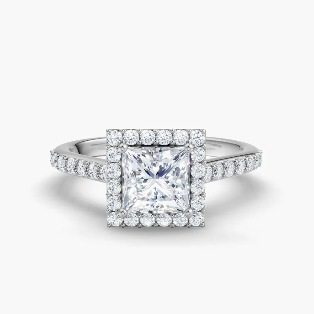 Certified 1 carat Lab Grown Diamond Princess Cut Pavé, Halo, Cathedral Engagement Ring in 14K White Gold-Kvolt