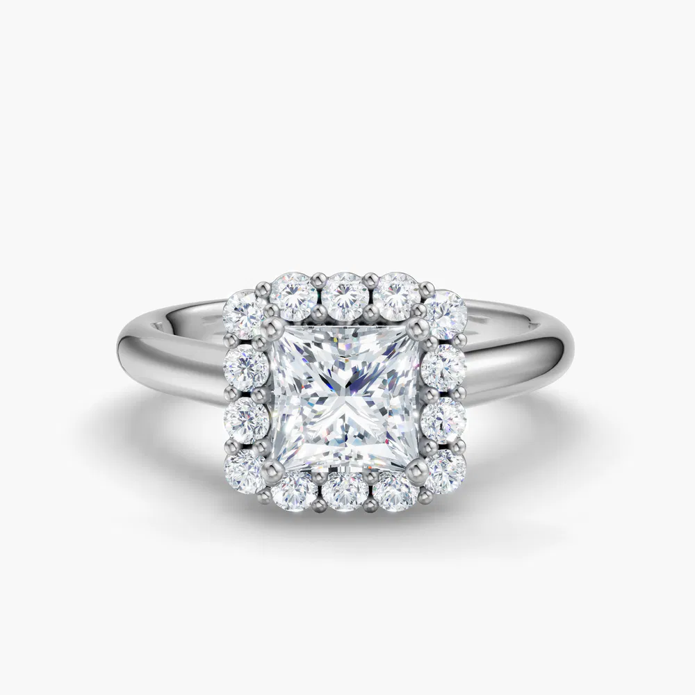 Certified 1 carat Lab Grown Diamond Princess Cut Cathedral, Halo, Floral Engagement Ring in 14K White Gold-Arwen