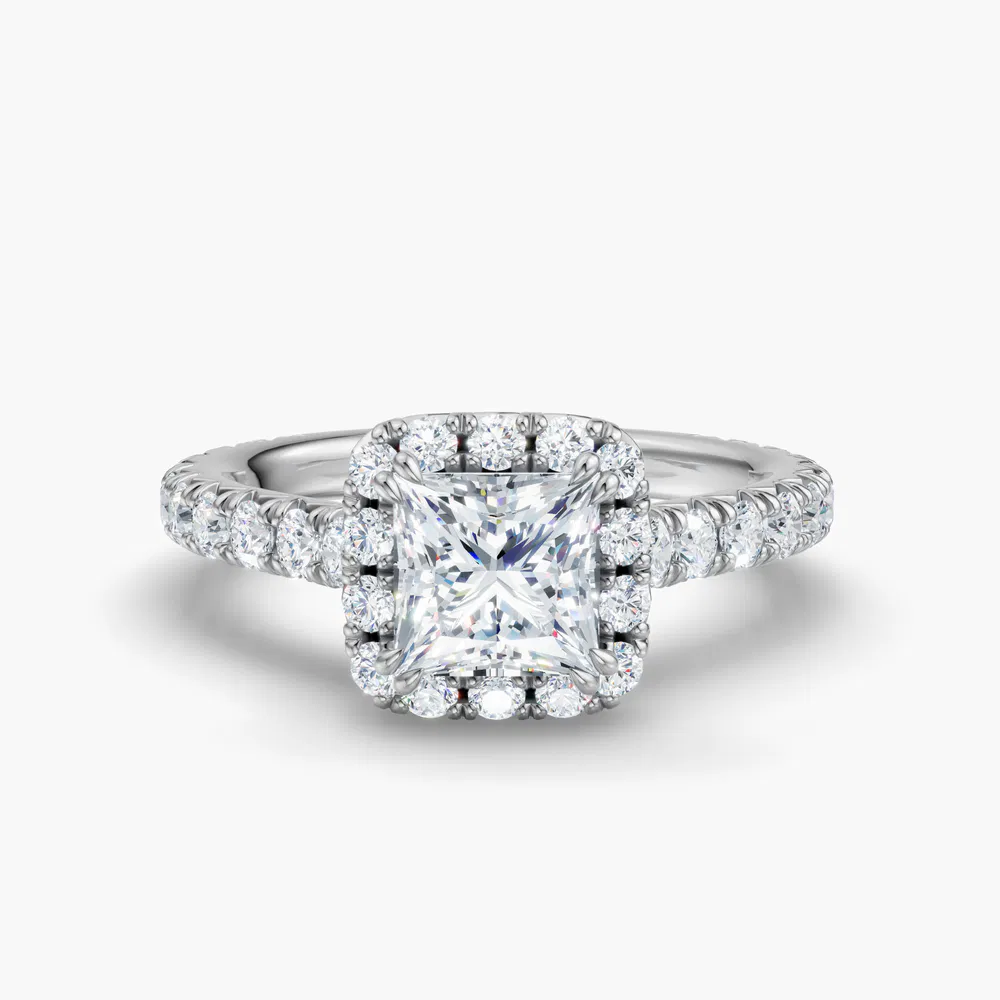 Certified 1 carat Lab Grown Diamond Princess Cut Cathedral, Pavé, Halo Engagement Ring in 14K White Gold-Zaria
