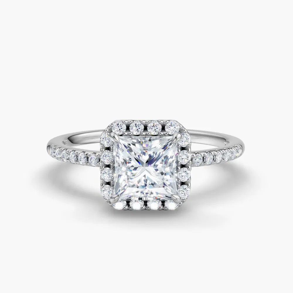 Certified 1 carat Lab Grown Diamond Princess Cut Halo, Pavé, Classic Engagement Ring in 14K White Gold-Elite Vaelumette