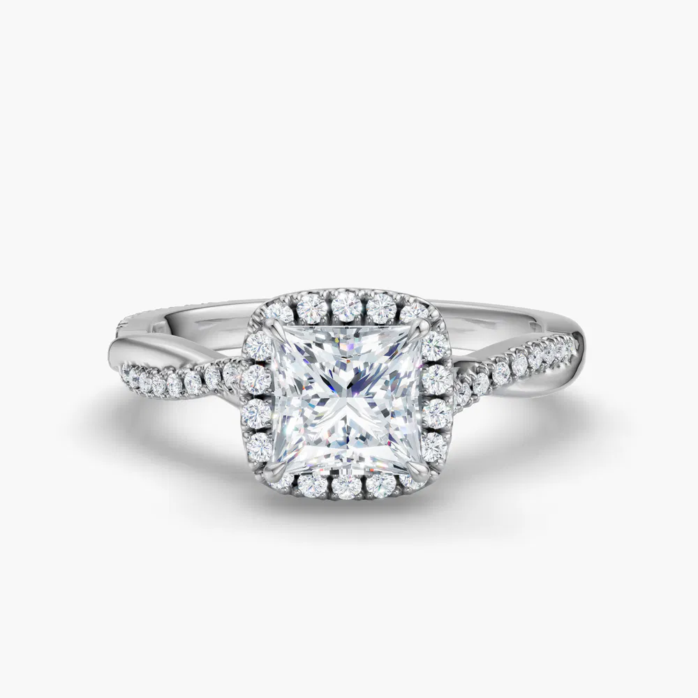 Certified 1 carat Lab Grown Diamond Princess Cut Twist, Cathedral, Pavé Engagement Ring in 14K White Gold-Itic