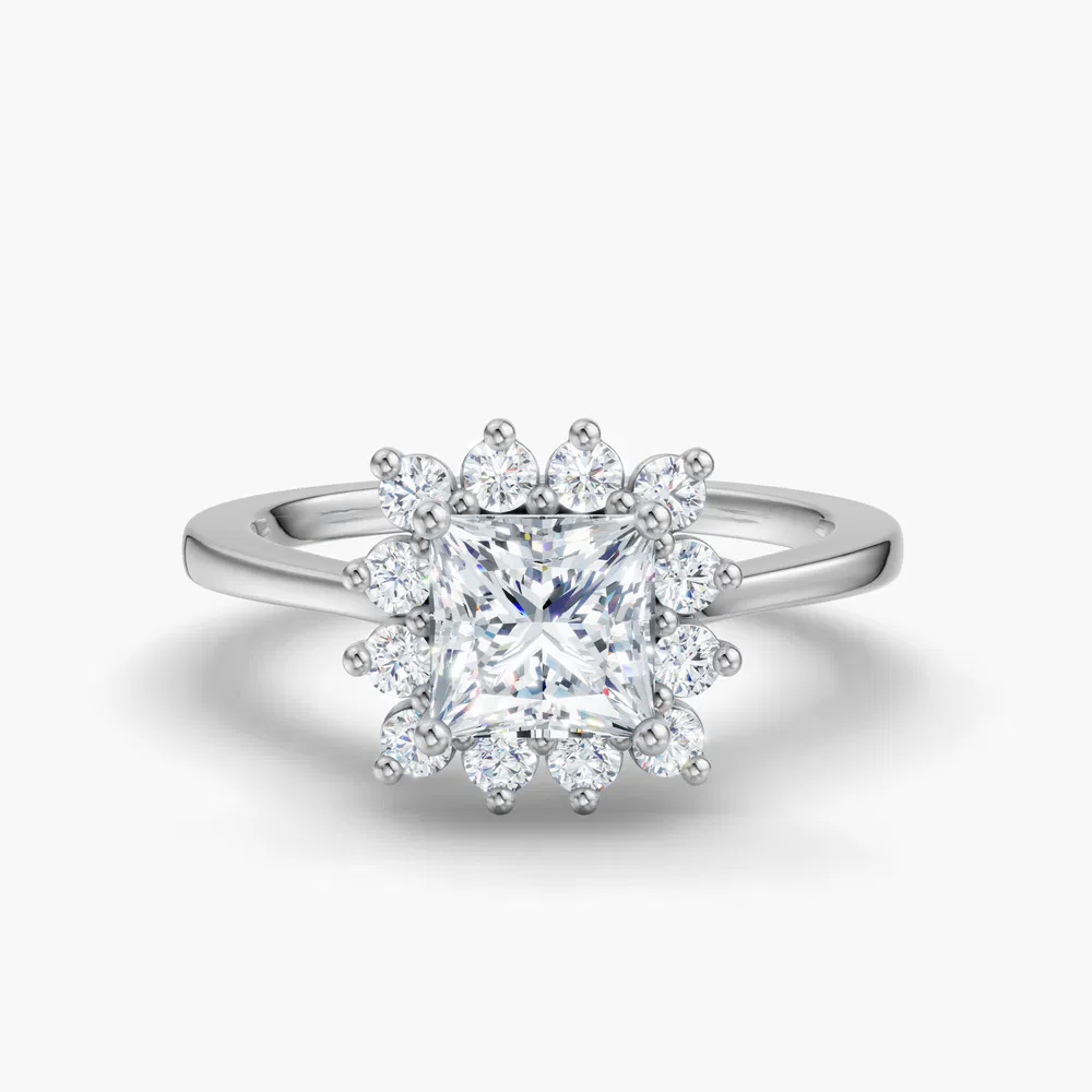 Certified 1 carat Lab Grown Diamond Princess Cut Cathedral, Halo, Floral Engagement Ring in 14K White Gold-Juncb