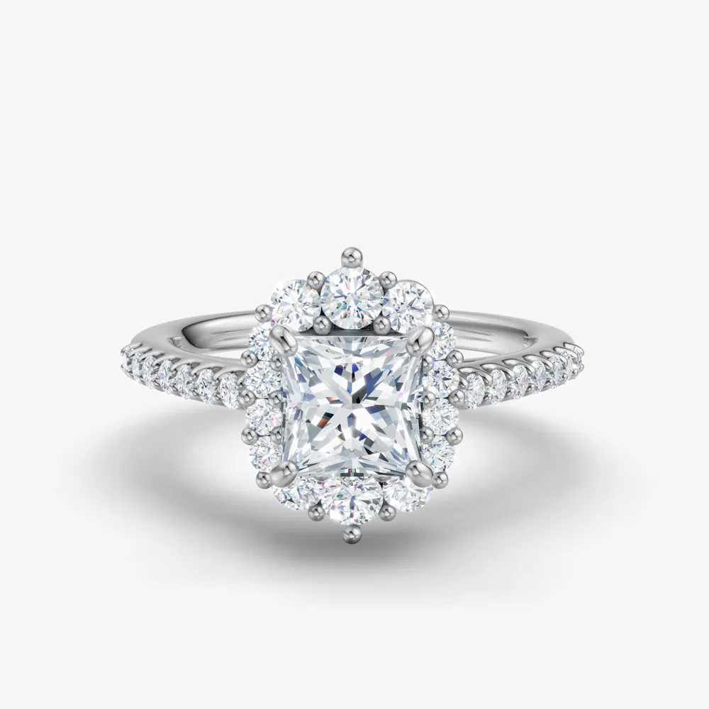 Certified 1 carat Lab Grown Diamond Princess Cut Pavé, Halo, Cathedral Engagement Ring in 14K White Gold-Mirey