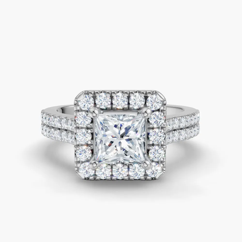 Certified 1 carat Lab Grown Diamond Princess Cut Pavé, Halo, Cathedral Engagement Ring in 14K White Gold-Maelis
