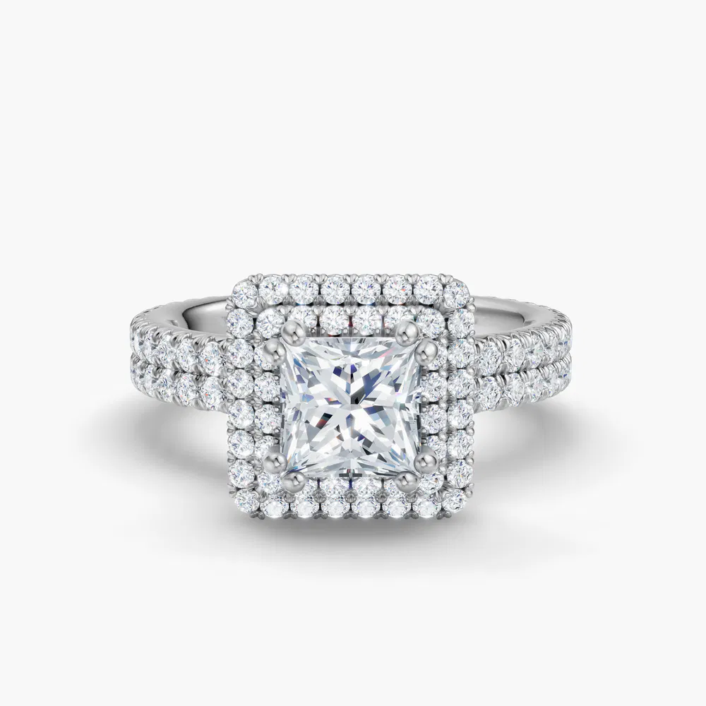 Certified 1 carat Lab Grown Diamond Princess Cut Pavé, Halo, Hidden Halo Engagement Ring in 14K White Gold-Caela
