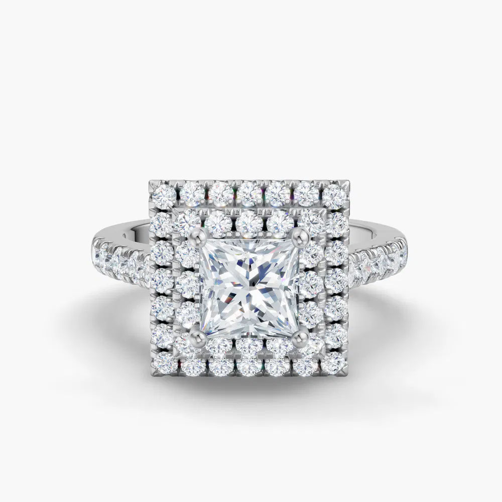 Certified 1 carat Lab Grown Diamond Princess Cut Halo, Pavé, Double halo Engagement Ring in 14K White Gold-Brexa