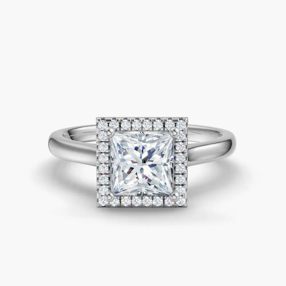 Certified 1 carat Lab Grown Diamond Princess Cut Halo, Cathedral Engagement Ring in 14K White Gold-Pejr