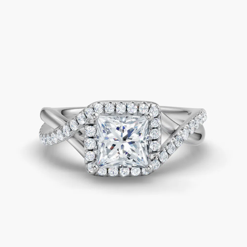 Certified 1 carat Lab Grown Diamond Princess Cut Halo, Pavé, Twist Engagement Ring in 14K White Gold-Dell